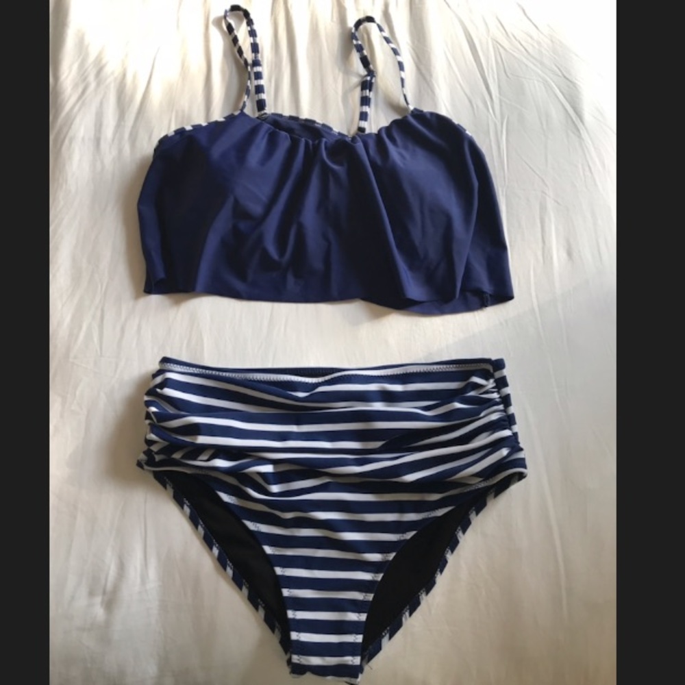 blue and white bikini (high waisted bottom)